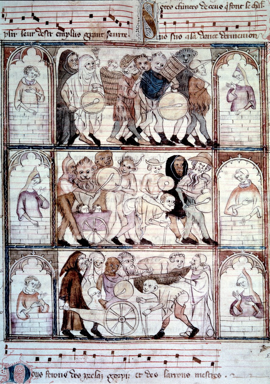 Festyn charivari z okazji ślubu Fauvel. Procesja muzyków i transwestytów. Miniatura z rękopisu „Le roman de fauvel” Gervais du Bus (Gerves du Bus) autorstwa Unknown artist