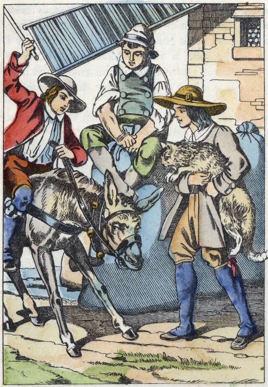 Dzieci zmarłego przewodnika dzielą jego majątek: osioł, młyn i kot. Ilustracja do bajki „Kot botte” Charlesa Perrault autorstwa Unknown artist