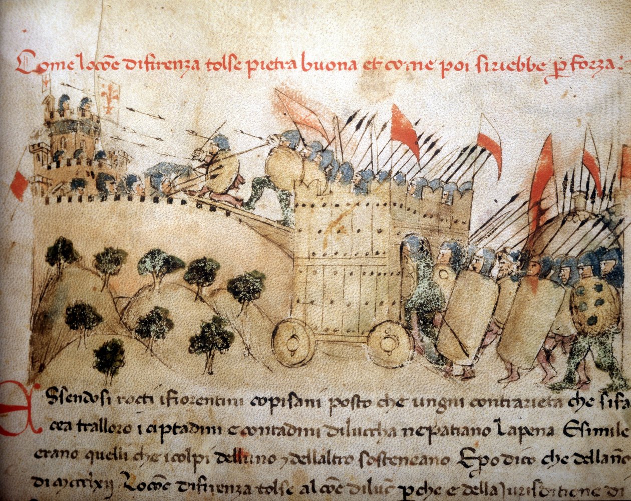 Miasto Florencja podbiło Pietrabuona, którą później przejęli mieszkańcy Lukki – w „Croniche del Sercambi”, około 1400 r. Archiwum Narodowe, Lucca. autorstwa Unknown artist