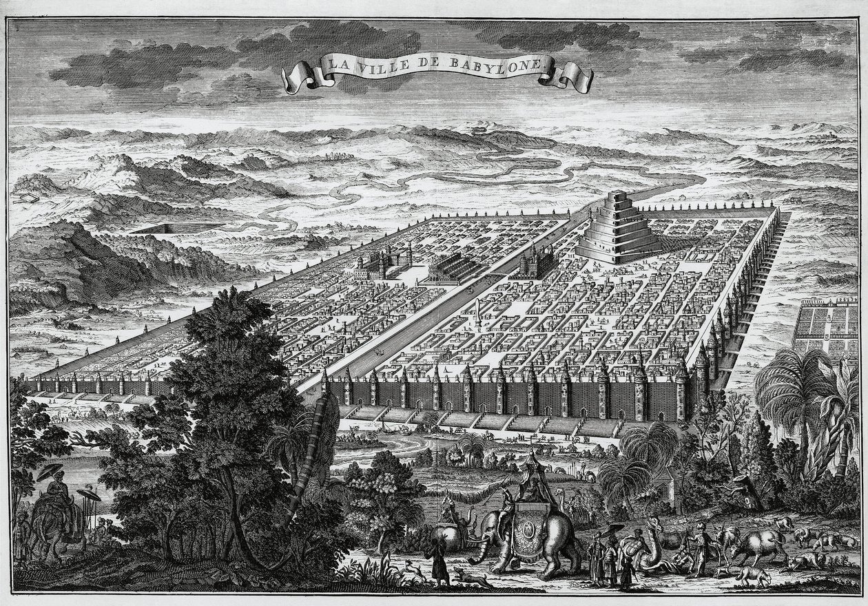 Mury miejskie Babilonu otaczające wiszące ogrody i wieżę Babel - autorstwa Unknown artist