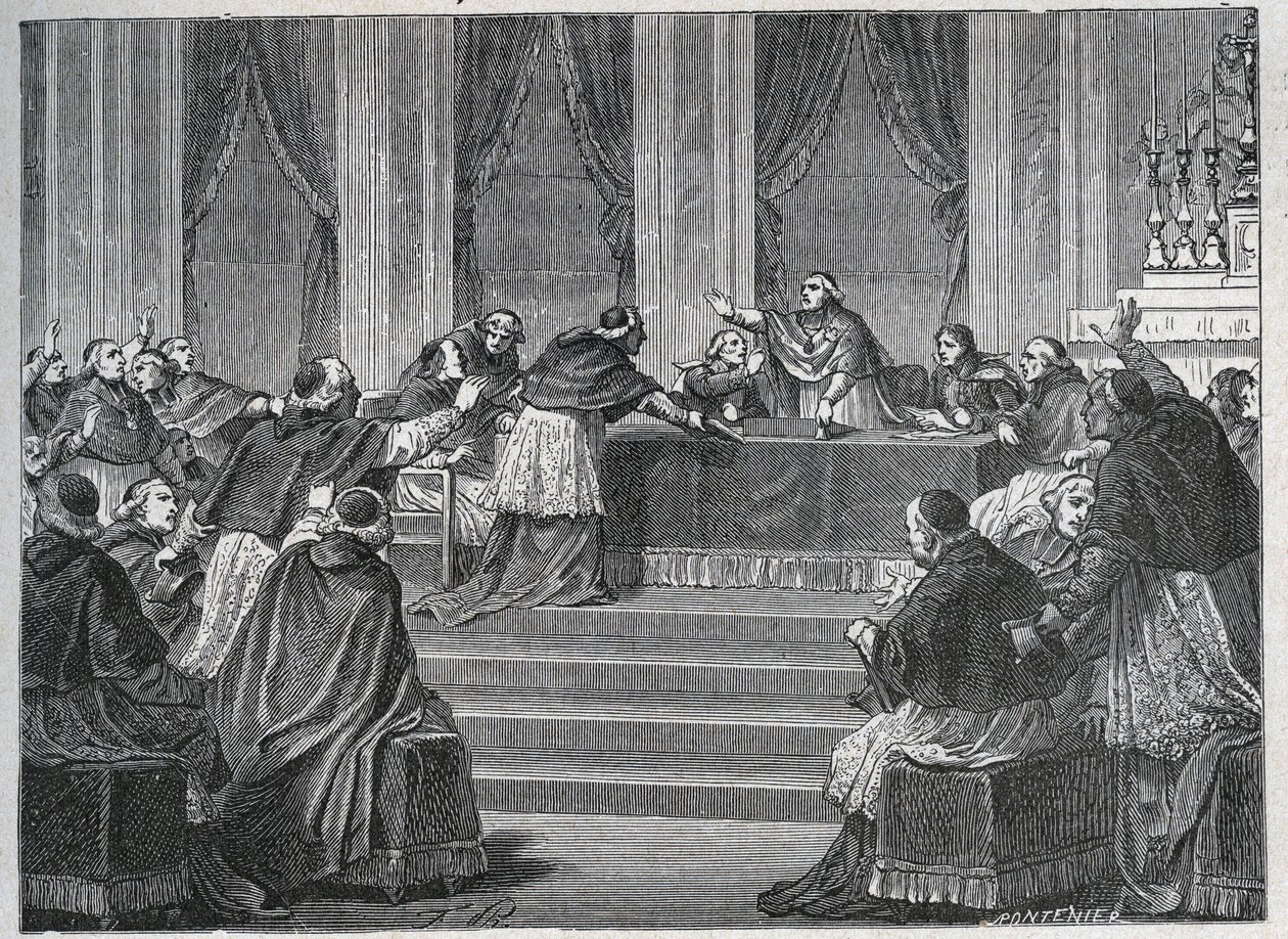 Duchowny Francji i Włoch spotkał się w Paryżu na Zjeździe Francuskiej Rady Narodowej 9 czerwca 1811 r. pod przewodnictwem kardynała Fescha (1763 - 1839). autorstwa Unknown artist