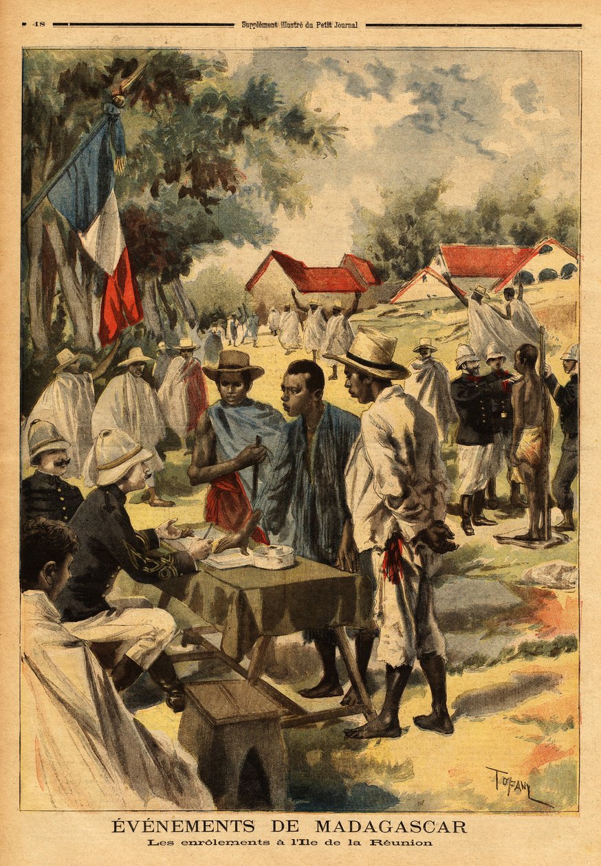Zwoje na wyspie Reunion; po raz pierwszy od czasu jej powstania, ustawa z 1889 r., zrównująca mieszkańców kolonii z militarnego punktu widzenia z poborowymi metropolii, została zastosowana w celu wzmocnienia walczących oddziałów autorstwa Unknown artist