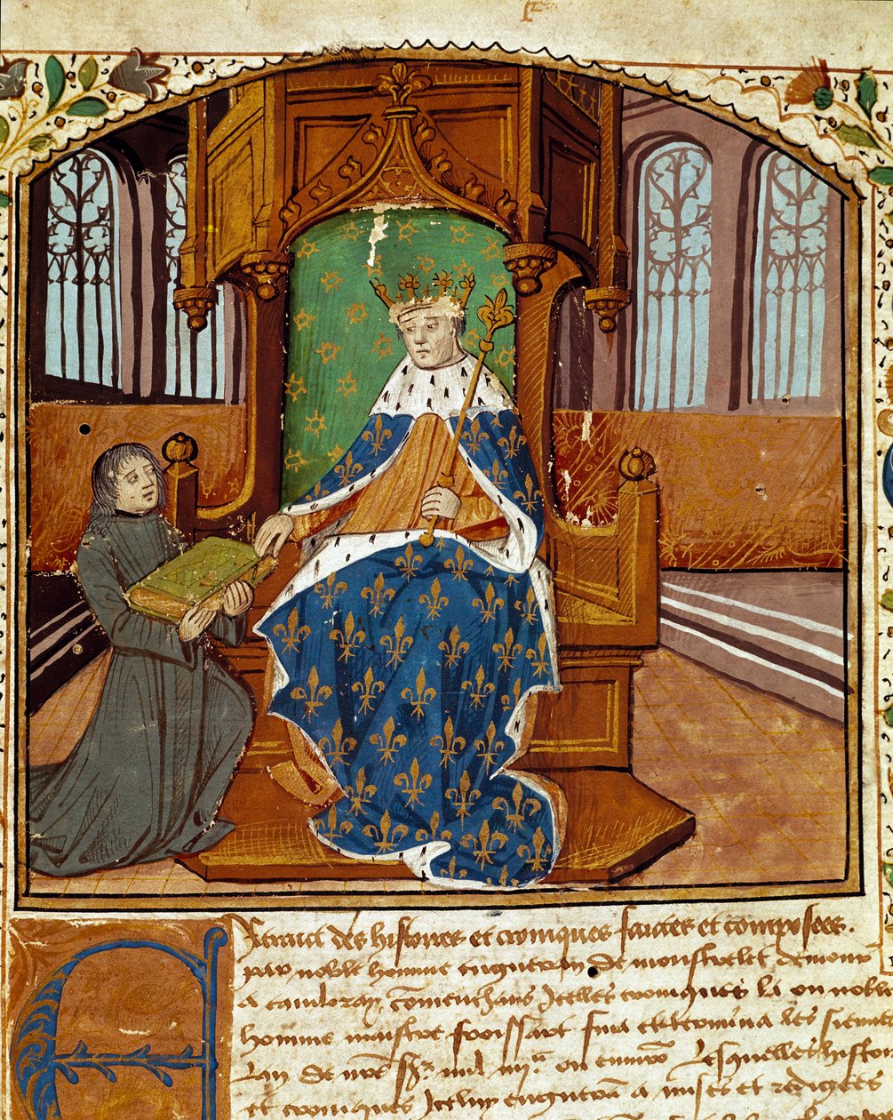 Felietonista Enguerrand de Monstrelet (1400-1453) przekazuje swoją książkę królowi Karolowi VII (1403-1467) Miniatura z „Chronicles d