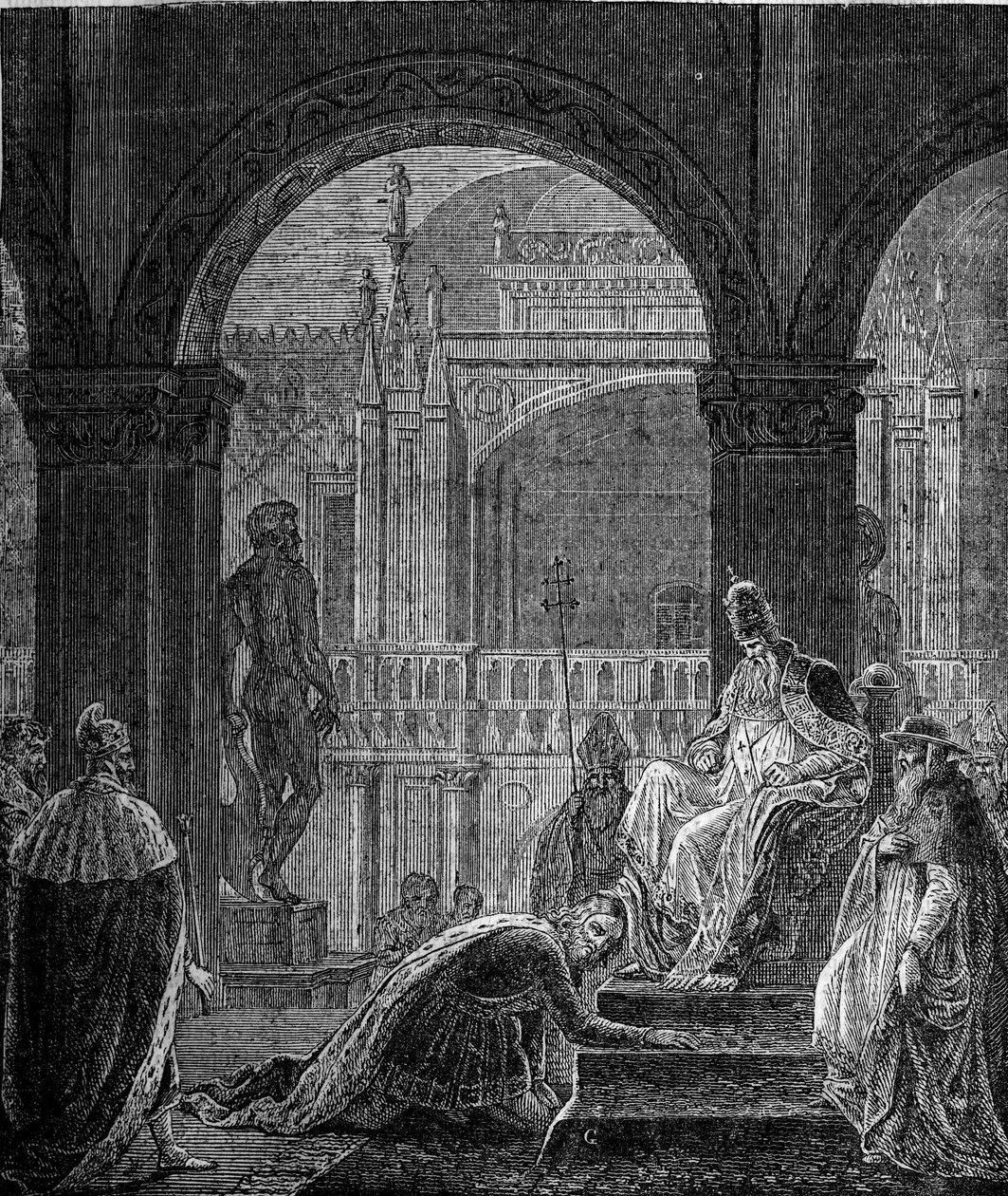 Konflikt między Fryderykiem Barberoussem (Federico Barbarossa) a papieżem Aleksandrem III (Aleksander, AlessandroIII) (1105-1181). Upokorzenie cesarza Barberose w Pałacu Dożów w Wenecji w 1177. Hołd publiczny w kraju Frederick Barbarossa dla papieża Alexan autorstwa Unknown artist
