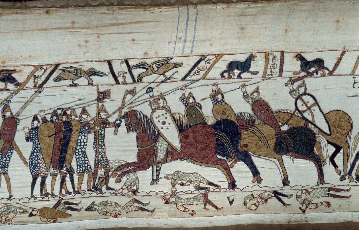 Podbój Anglii przez księcia Normandii Wilhelma Zdobywcy (1027-1087) w 1066: scena bitwy pod Hastings przeciwstawiającej się piechocie normańskiej kawalerii saskiej Fragment gobelinu z Bayeux lub Haft królowej Matyldy autorstwa Unknown artist