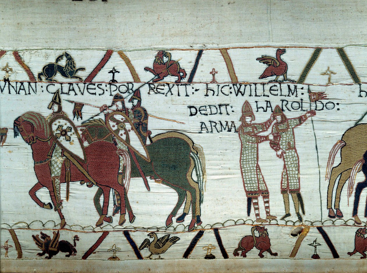Zdobycie Bretanii przez księcia Normandii Wilhelma Zdobywcę (1027-1087): po lewej książę otrzymuje klucze miasta Dinan, po prawej rycerza Harolda, wysłanego przez angielskiego króla Edwarda Wyznawcę Szczegół gobelinu autorstwa Unknown artist
