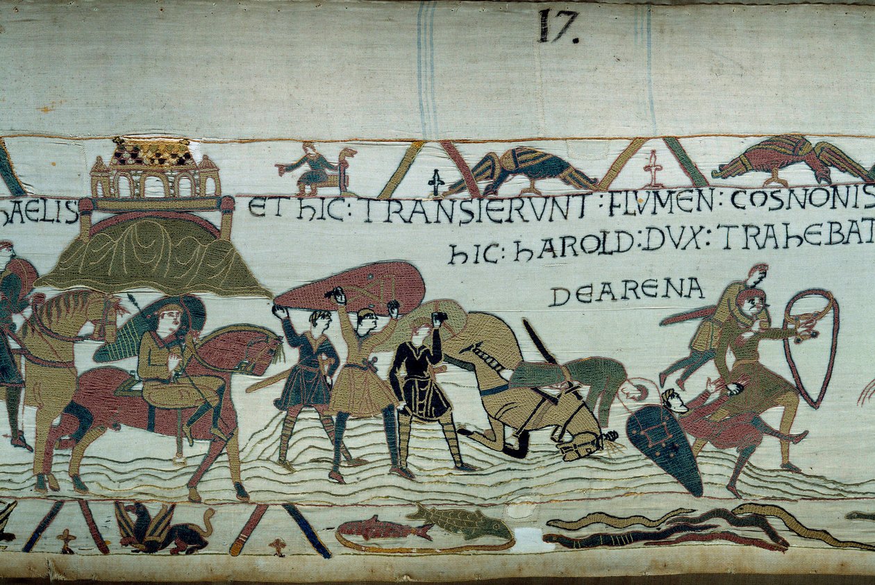 Zdobycie Bretanii przez armię księcia Normandii Wilhelma Zdobywcy (1027-1087): przekroczenie Riviere du Couesnon na wysokości Mont Saint Michel, ludzie i konie toną w ruchomych piaskach Fragment gobelinu z Bayeux lub Embro autorstwa Unknown artist