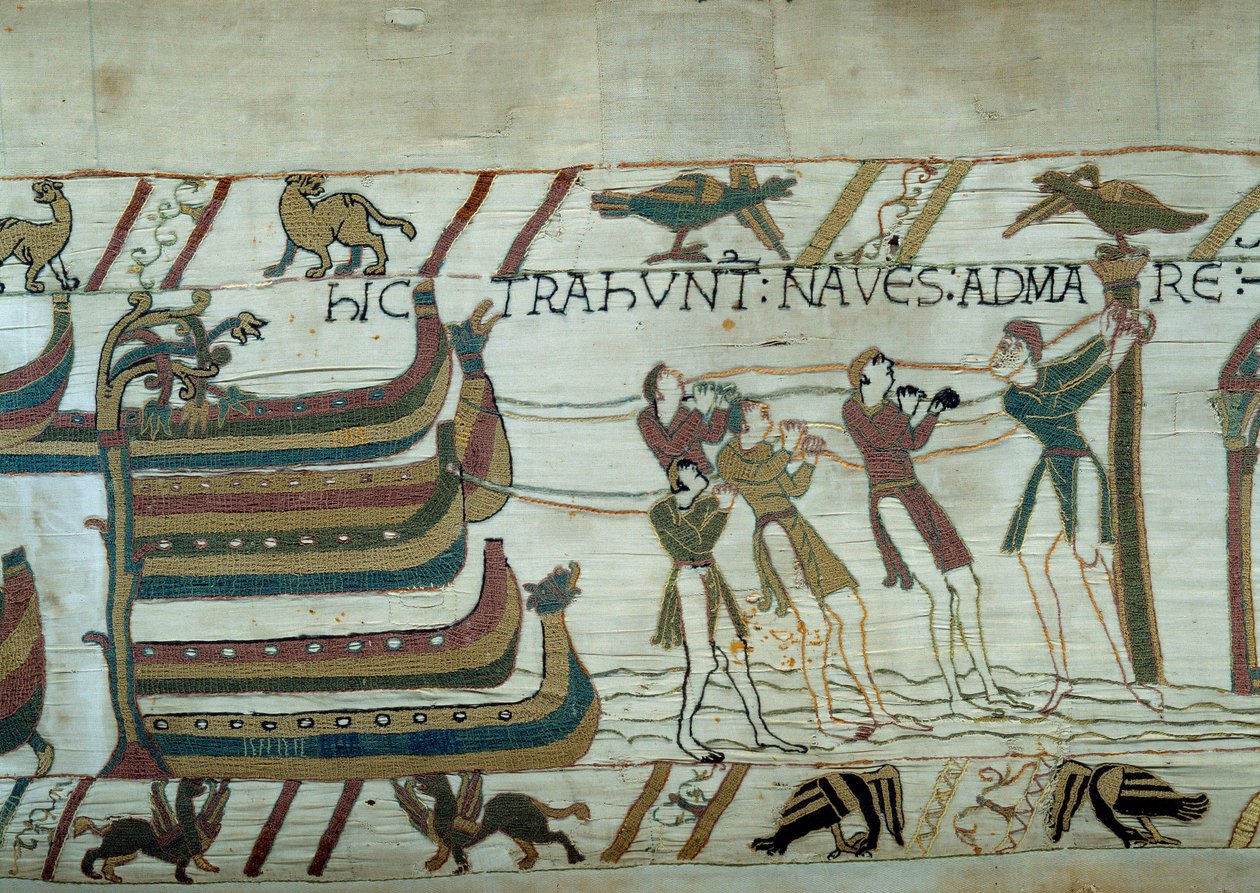 Podbój Anglii przez armię księcia Normandii Wilhelma Zdobywcy (1027-1087): ledwo zbudowane statki wypływają w morze Fragment gobelinu z Bayeux lub Haft królowej Matyldy autorstwa Unknown artist