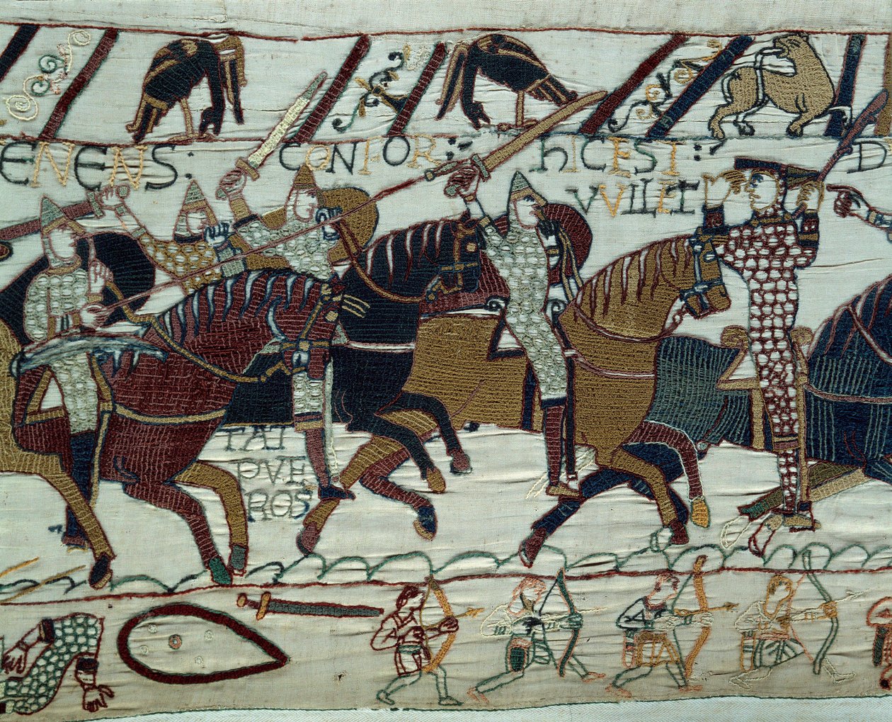 Podbój Anglii przez armię księcia Normandii Wilhelma Zdobywcy (1027-1087): Książę Guillaume zostaje rozpoznany przez swoich żołnierzy po podniesieniu hełmu podczas bitwy pod Hastings Fragment gobelinu z Bayeux lub haftu królowej Matyldy autorstwa Unknown artist