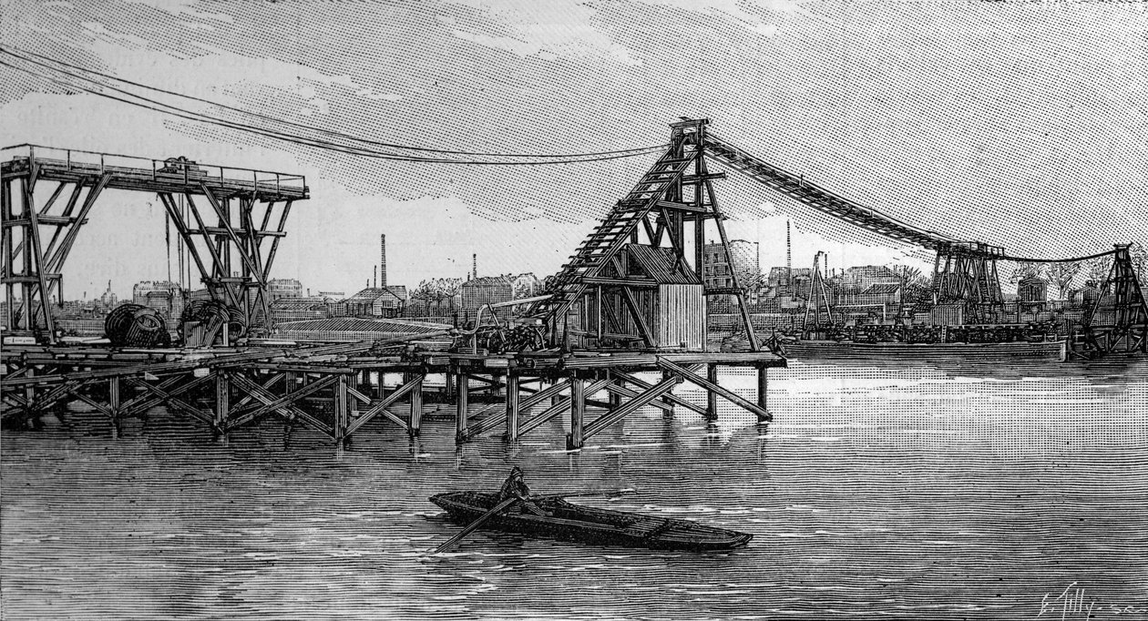 Budowa mostu Mirabeau w Paryżu (1893): zamki wyglądają jak fundamenty (na zdjęciu). Grawerowanie w „”La Nature: revue des sciences et de leurs applications aux arts et a l