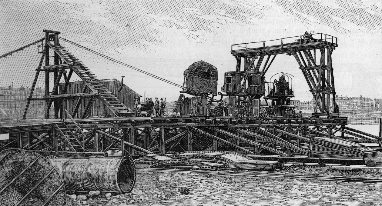 Budowa mostu Mirabeau w Paryżu (1893): most usługowy (na zdjęciu). Grawer w „”Nature: przegląd nauk i ich zastosowań w sztuce i przemyśle”” z dnia 3 lutego 1894 r. autorstwa Unknown artist