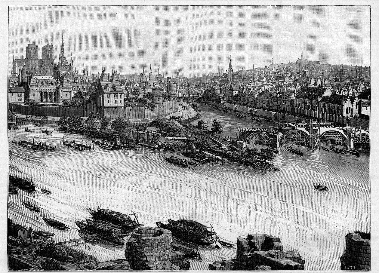 Budowa mostu Pont Neuf w Paryżu przechodzącego przez Square du Vert-Galant na końcu Ile de la Cite. Pierwsze prace w 1578 r. Grawer w „Le Monde illustrious”” autorstwa Unknown artist