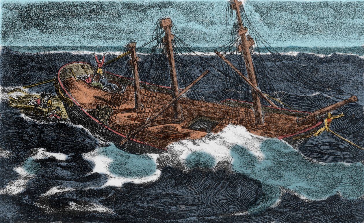 Budowa tratwy fregaty „Meduse”” nie powiodła się 02.07.1816 r. na brzegu Arguin, u wybrzeży Mauretanii. Rycina XIX wieku autorstwa Unknown artist