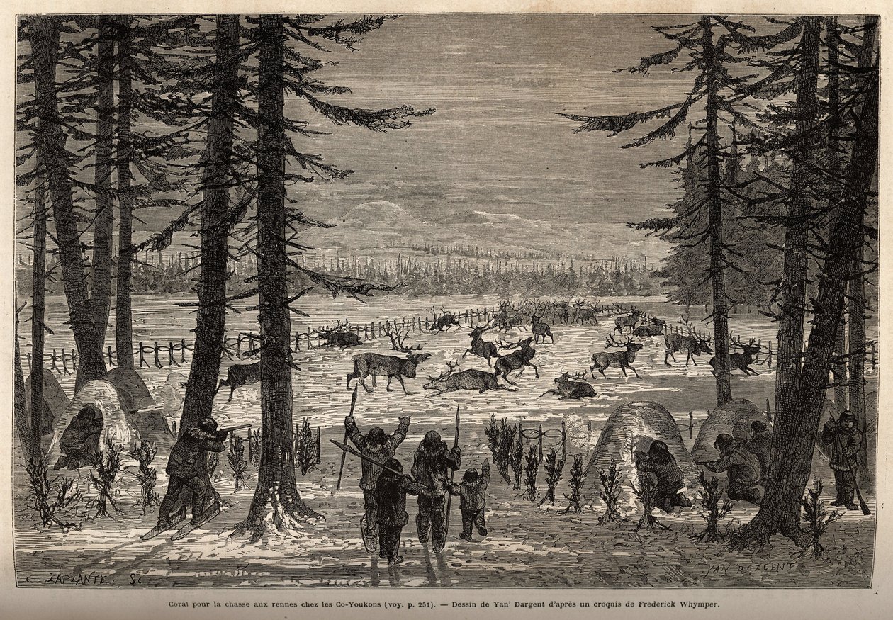 Koral do polowania na renifery w Co-Yukon (co-Yukon lub co-Youkouk) (indyjskim plemieniu skrajnej północnej Kanady). Grawerowanie ilustrujące podróż i przygody w angielskiej Kolumbii, wyspie Vancouver i Alasce, autorstwa Fredericka Whympera autorstwa Unknown artist