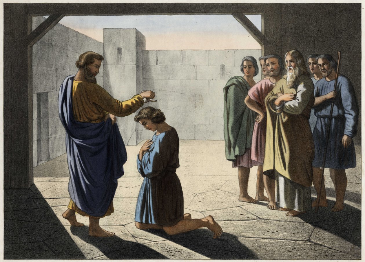Koronacja Dawida: Samuel wyznacza Dawida na króla Izraela. Anonimowy rycina z XIX wieku. autorstwa Unknown artist