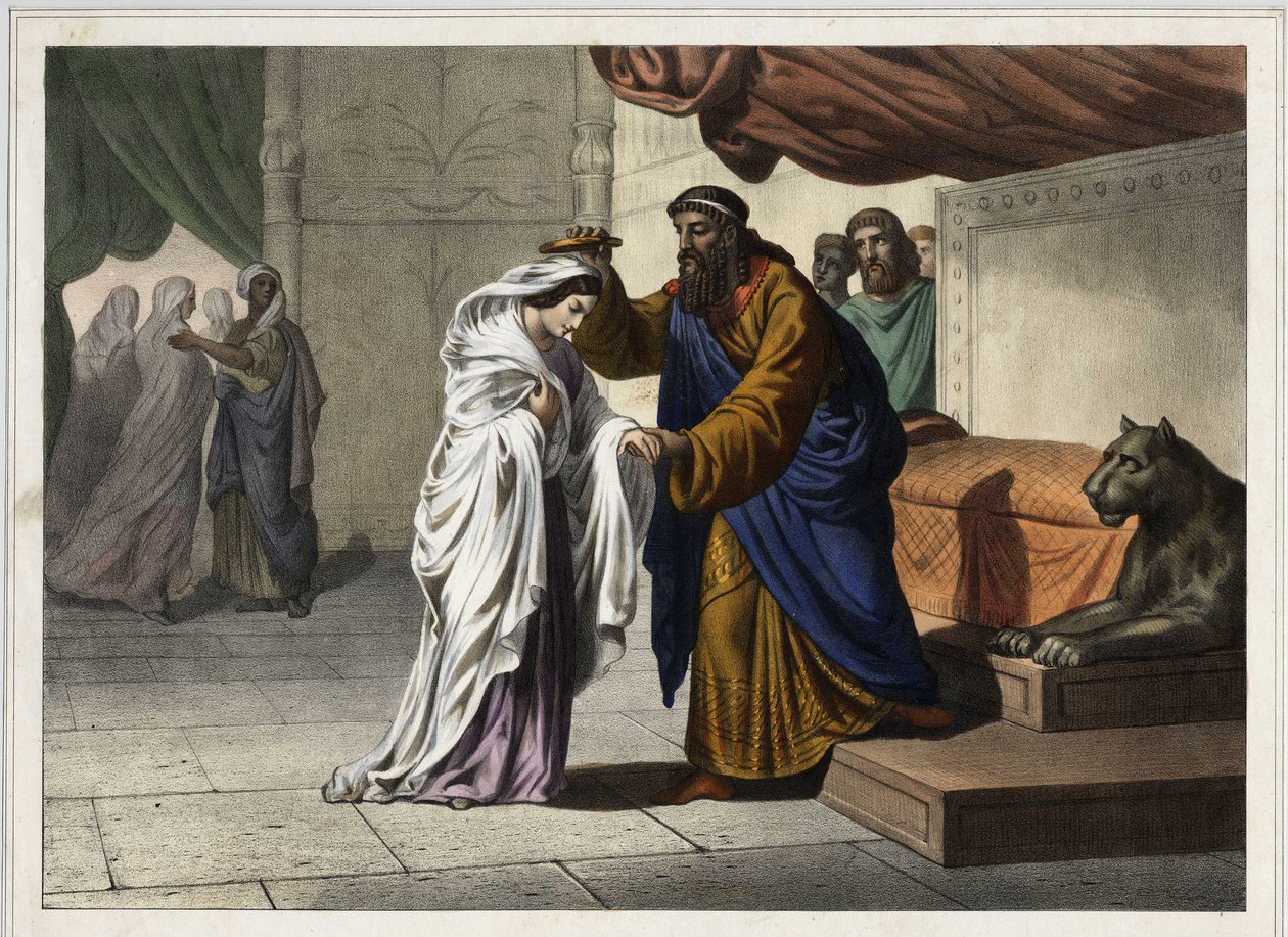Koronacja Estery: król perski Aswerus I (Kserkses I) koronuje swoją żonę Esterę. Anonimowy rycina z XIX wieku. autorstwa Unknown artist