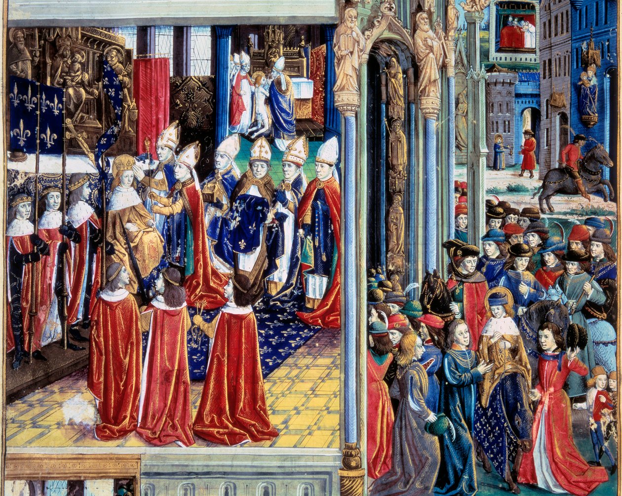 Koronacja króla św. Ludwika (Ludwika IX) (1214-1270) w dniu 29.11.1226 w katedrze w Reims”” Miniatura z rękopisu „”Księga faktów Monsignor Saint Louis””” XV wiek. Paryż, B.N autorstwa Unknown artist