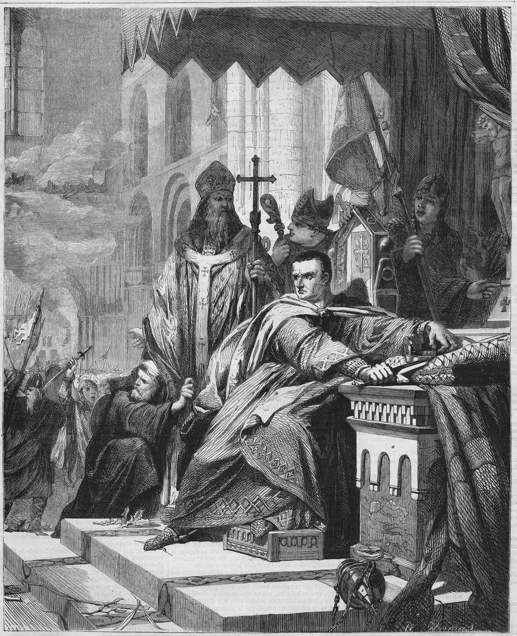 Koronacja Wilhelma I Zdobywcy (1027-1087) w 1066. Książę Normandii (1035-1087) i król Anglii (1066-1087). Rycina XIX wieku. autorstwa Unknown artist