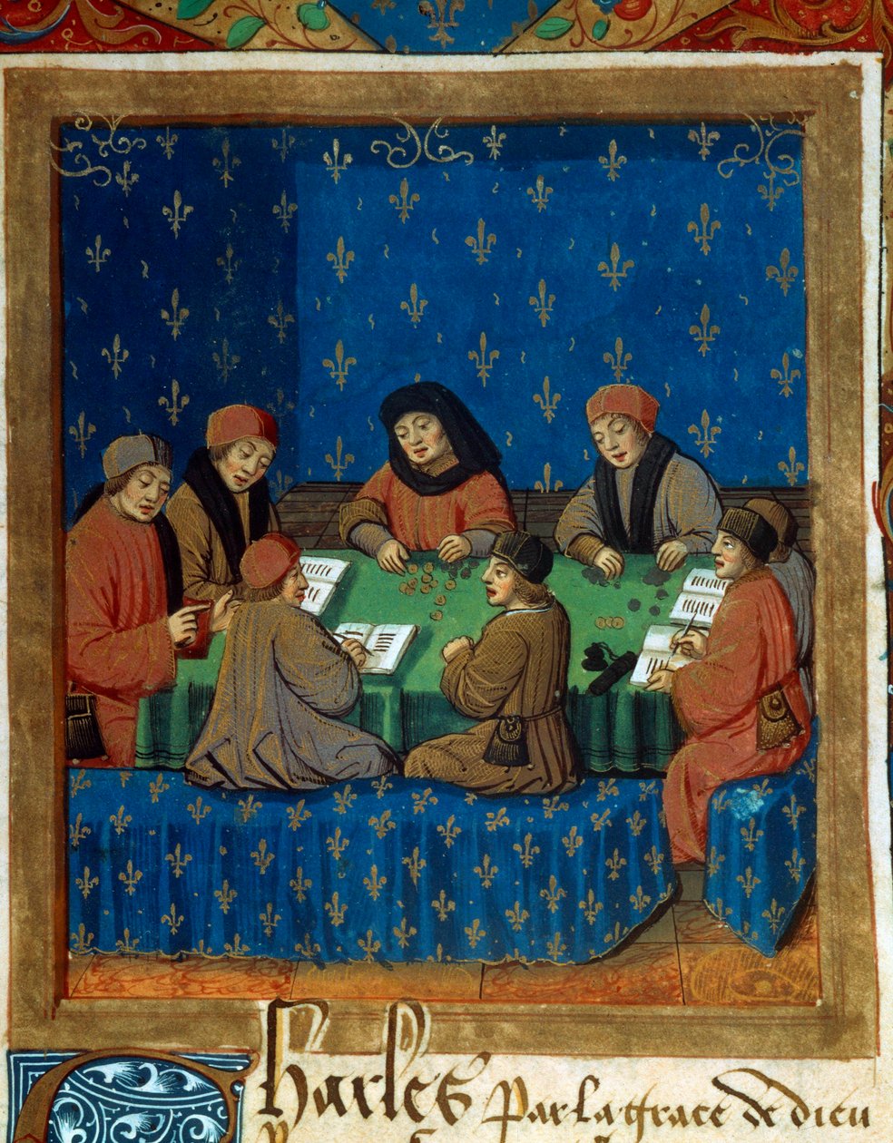 Liczniki Royal Tresor Miniature zaczerpnięte z dojenia na srebrze (prawdopodobnie De Moneta) przez Nicolasa Oresme (1320-1382) autorstwa Unknown artist