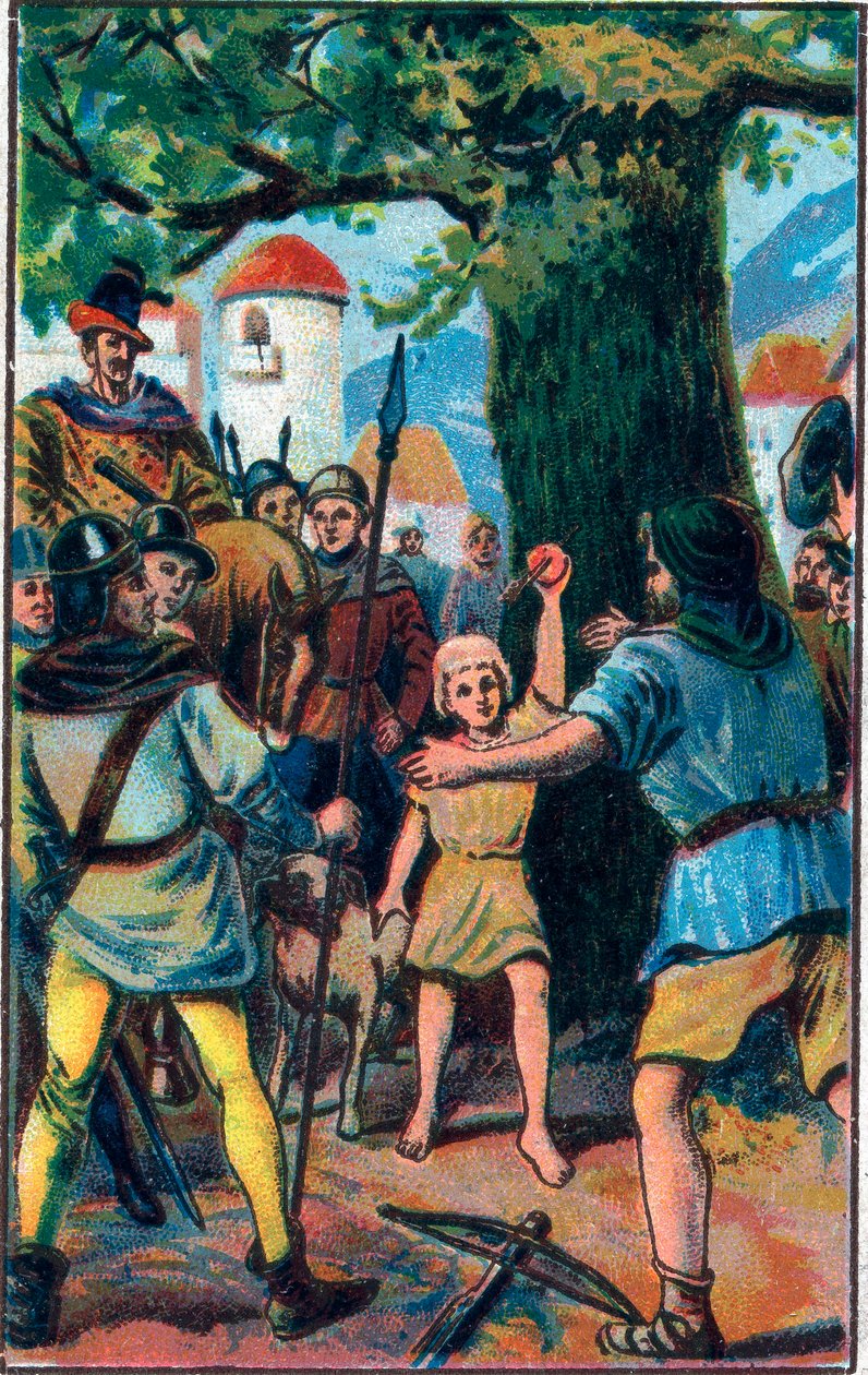 Kusza. Guillaume Tell (William Tell) (legendarni bohaterowie niepodległości Szwajcarii). Chromolitografia z końca XIX wieku. autorstwa Unknown artist
