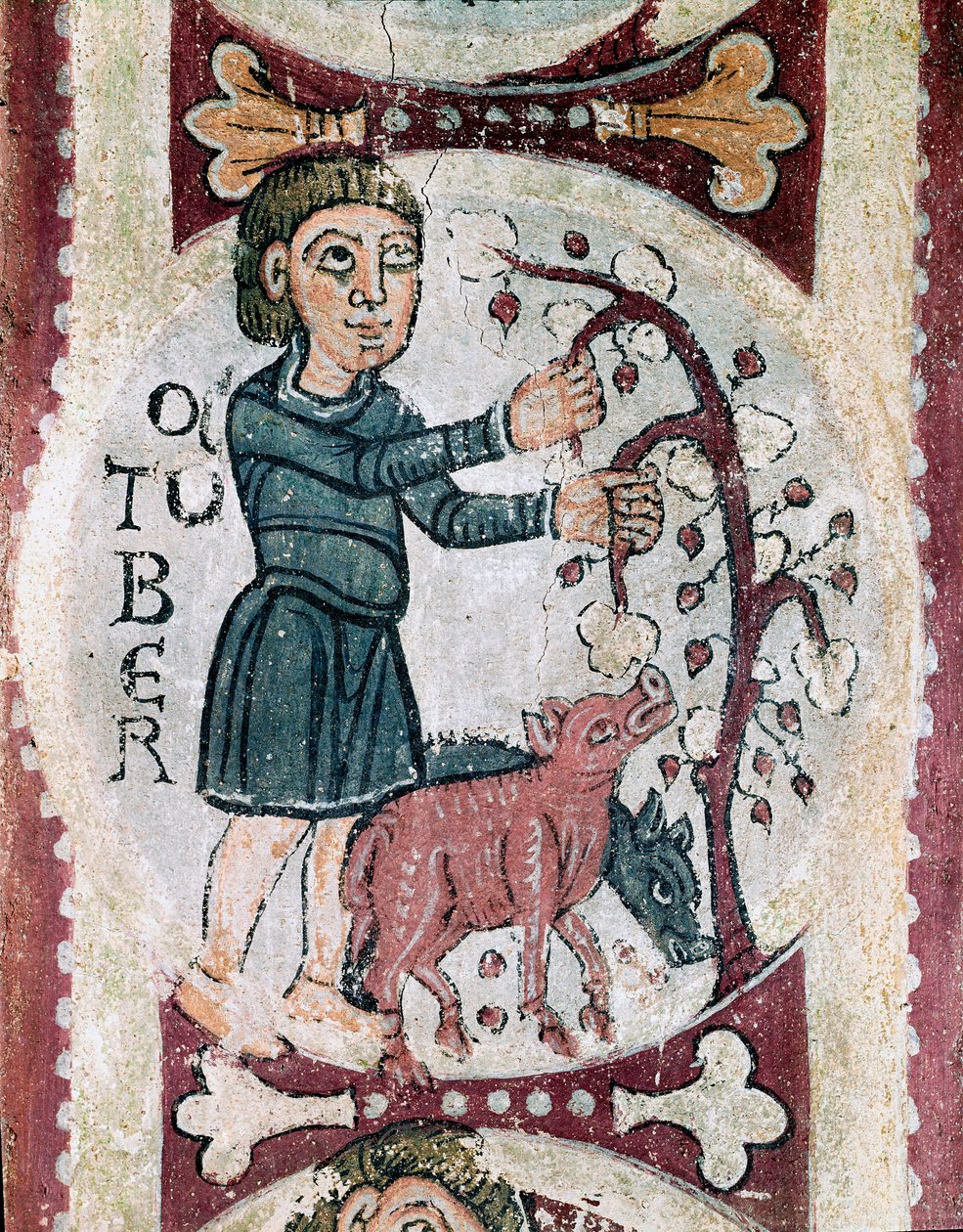 Cykl miesięcy: październik: zbiór żołędzi. Fragment fresku z XII wieku z Królewskiego Panteonu Real Colegiata of San Isidoro (Royal Collegiale of Saint Isidore). Leona. autorstwa Unknown artist