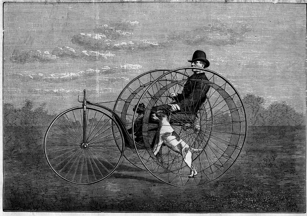 Cynofere: welocyped prowadzony przez psy. Wynalazek końca XIX wieku. Grawer w „Wspaniałym Wszechświecie” z 6 maja 1876 r. autorstwa Unknown artist