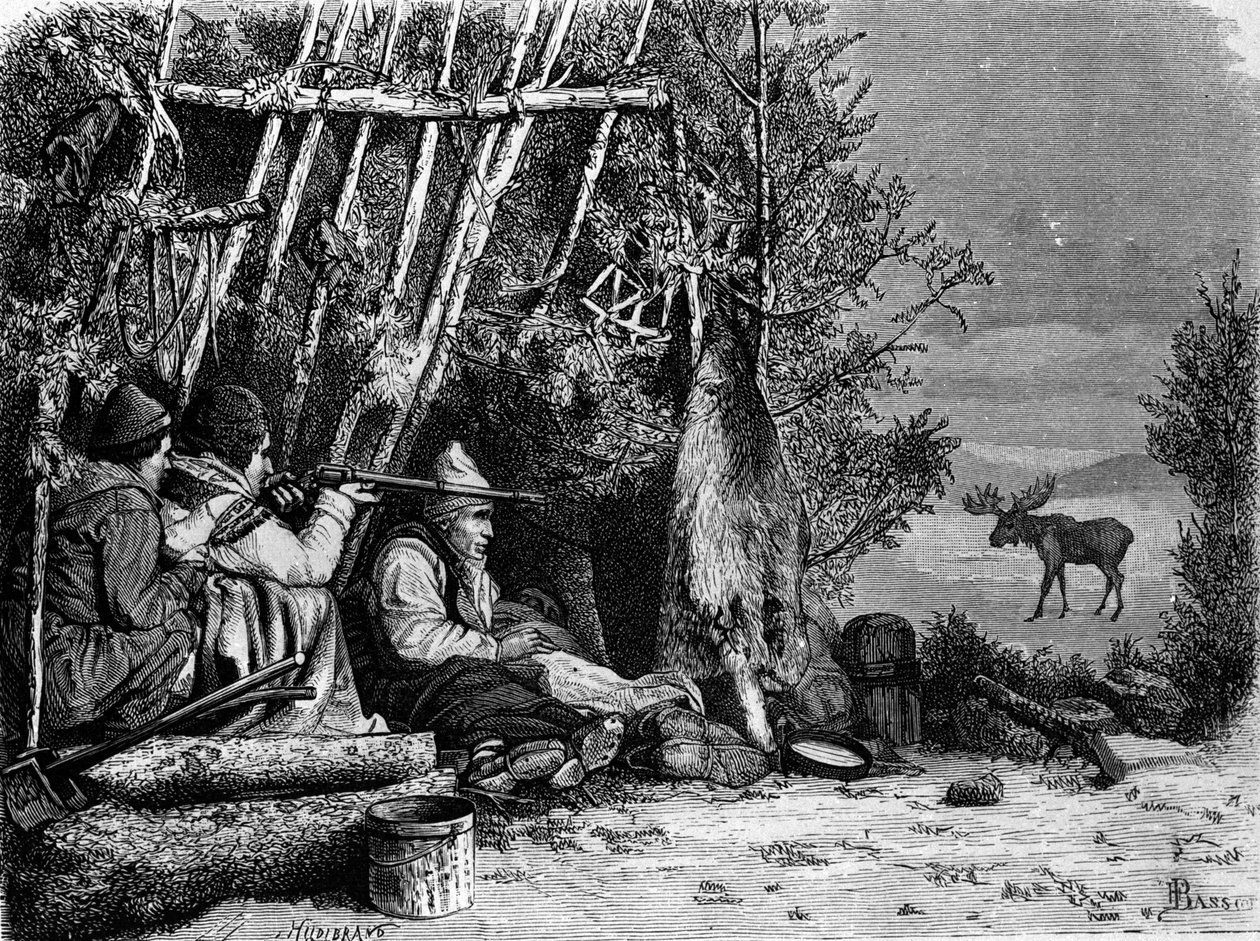 Życie codzienne traperów (zawodowych myśliwych) w Kanadzie: dwóch myśliwych karibu. Rycina XIX wieku. autorstwa Unknown artist