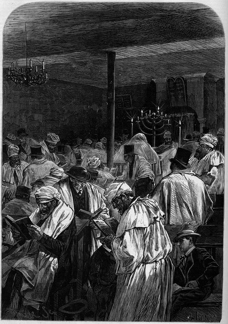 Dzień wielkiego przebaczenia Żydom lub obchody Jom Kippur w synagodze przy rue Saint Louis en l