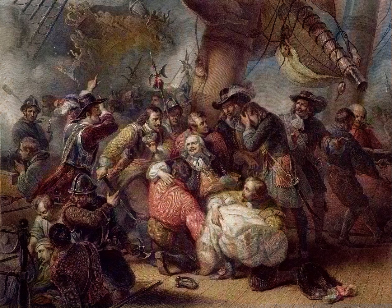 Śmierć admirała De Ruyterde - śmierć Michela de Ruytera (Michiel Adriaenszoon de Ruyter (1607-1676), generała porucznika Zjednoczonych Prowincji, bohaterów marynarki wojennej, którzy odegrali główną rolę podczas wojen angielsko-holenderskich w XVII wieku,  autorstwa Unknown artist