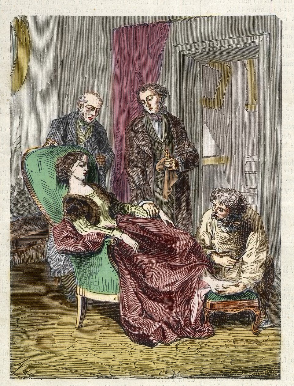 Śmierć Hannah Greener spowodowana wdychaniem zbyt dużej ilości chloroformu (anasetezja) - 1848 - Hannah GREENER, 15-letnia dziewczynka ulega omdleniu podczas znieczulenia chloroformem podczas operacji wrodzonego paznokcia - grawerowanie autorstwa Unknown artist