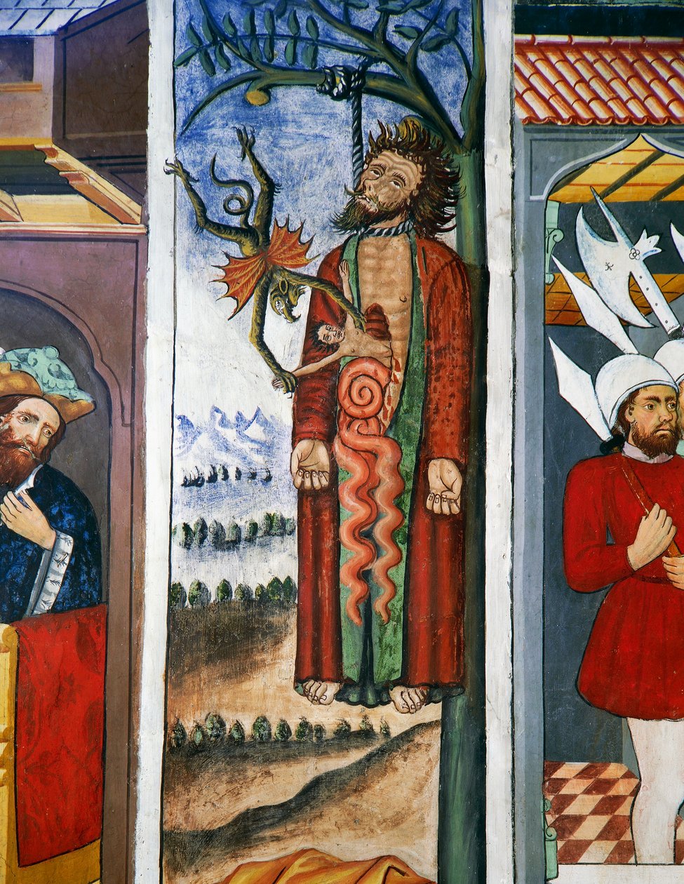 Śmierć Judasza, Życie Chrystusa (XV wiek), freski, kaplica św. Sebastiana, Villard-de-Lans, Rodan-Alpy, Francja. autorstwa Unknown artist