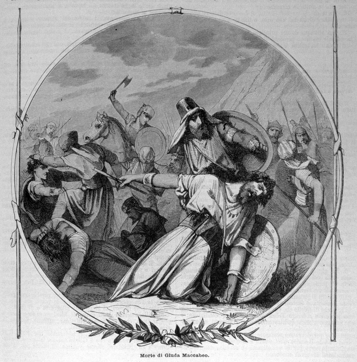 Śmierć Judasza Machabeusza (Machabeusza lub Macabee) podczas buntu Machabeuszy przeciwko Seleucydom w 160 roku p.n.e. Rycina XIX wieku. autorstwa Unknown artist