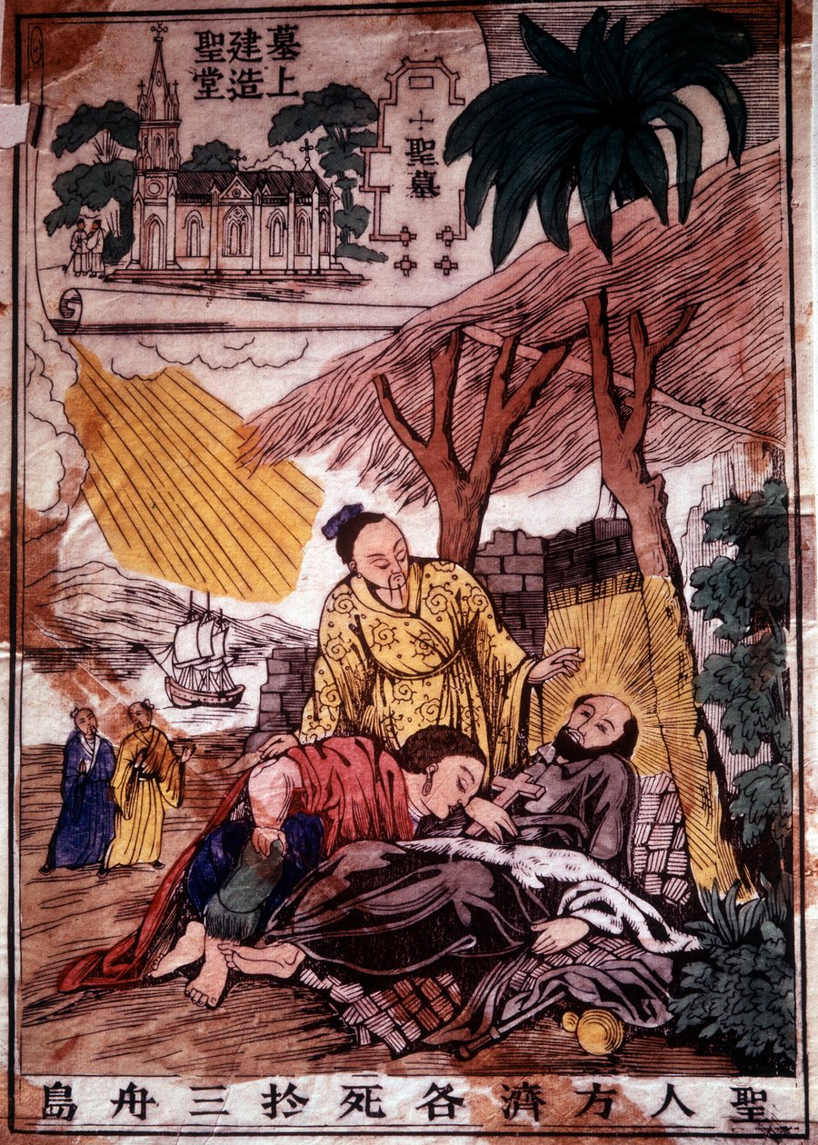 Śmierć św. Franciszka Ksawerego (1506-1552), hiszpańskiego misjonarza jezuitów, jednego z założycieli odre towarzystwa Jezusa w Chinach. Rycina XIX wieku. Chantilly, seminarium jezuickie autorstwa Unknown artist