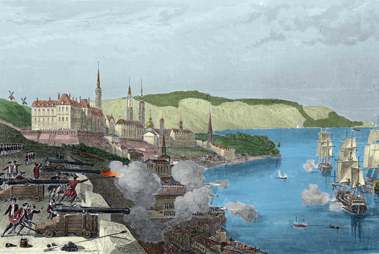 Obrona Quebecu przez hrabiego Ludwika de Buade, hrabiego Frontenac (1622-1698) 16/10/1690. Grawerowanie kolorowe w „Histoire generale de la marine” autorstwa Van Tenac autorstwa Unknown artist
