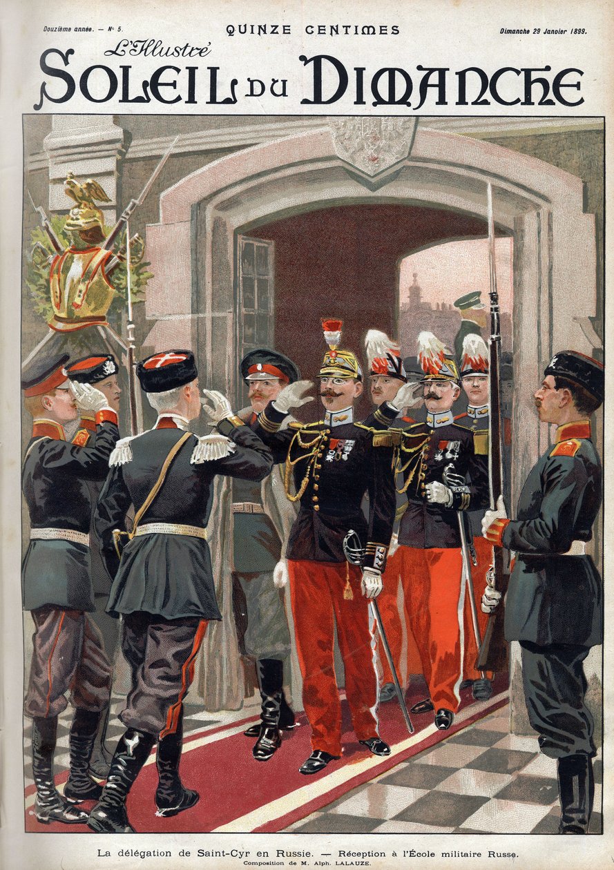 Delegacja św. Cyra (St. Cyr) w Rosji: przyjęcie w rosyjskiej szkole wojskowej. Grawerowanie w „”Le sun-du-dimanche”, 29 stycznia autorstwa Unknown artist
