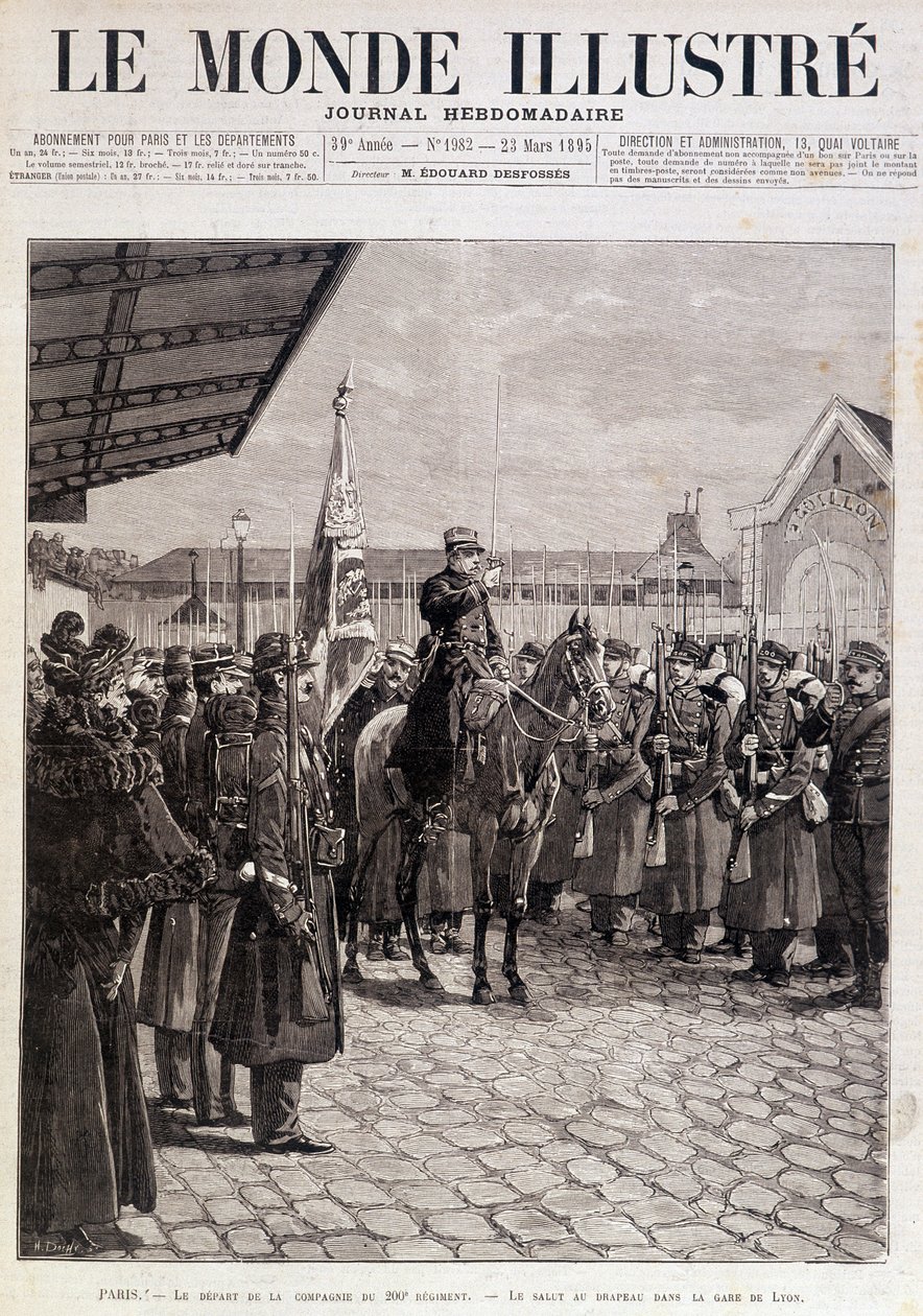 Odejście Kompanii 200 Pułku. Powitanie flagi w Gare de Lyon. „” Świat Ilustrowany””. 23.03.1895. Rysunek. autorstwa Unknown artist