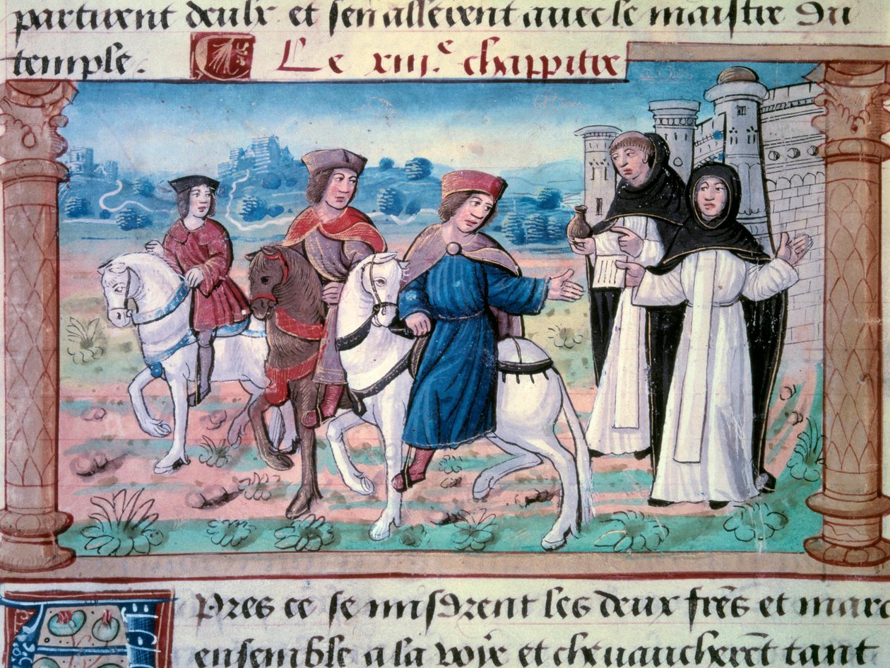 Odejścia braci Nicolo i Matteo Polo, ojca i wujka młodego Marco Polo (1254-1324) z młodym mężczyzną około 1271 roku. Miniatura zaczerpnięta z „Księgi cudów”” („Devisement du monde”, „” Il Milione”) Marco Polo (1254-1324) 1298 Biblia autorstwa Unknown artist