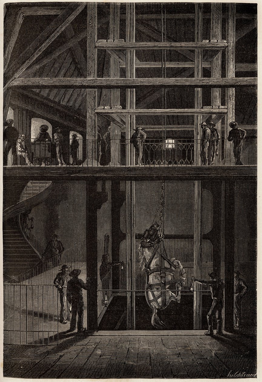 Zjazd konia w kopalniach Creusot, używany w podziemnych tunelach do transportu wozów z węglem. Grawerowanie ilustrujące podróż do Creusot i kopalni Saone i Loire, w 1865 r., L. Simonin, w „” Le tour du monde, nouveau journal des autorstwa Unknown artist