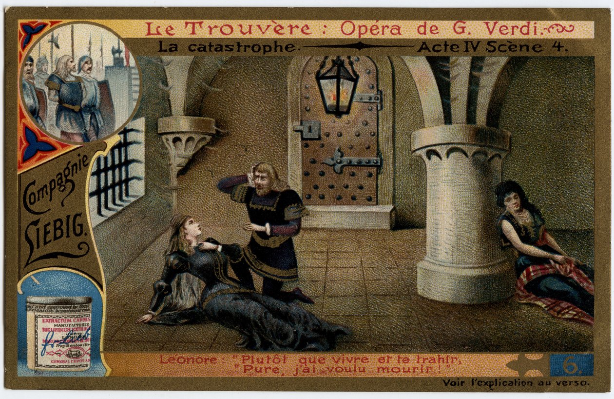 Katastrofa akt IV scena 4. Ilustracja do opery „Znalezisko” (Il trovatore) Giuseppe Verdiego (1813-1901). Chromolitografia (Chromo) Liebig z końca XIX wieku. autorstwa Unknown artist