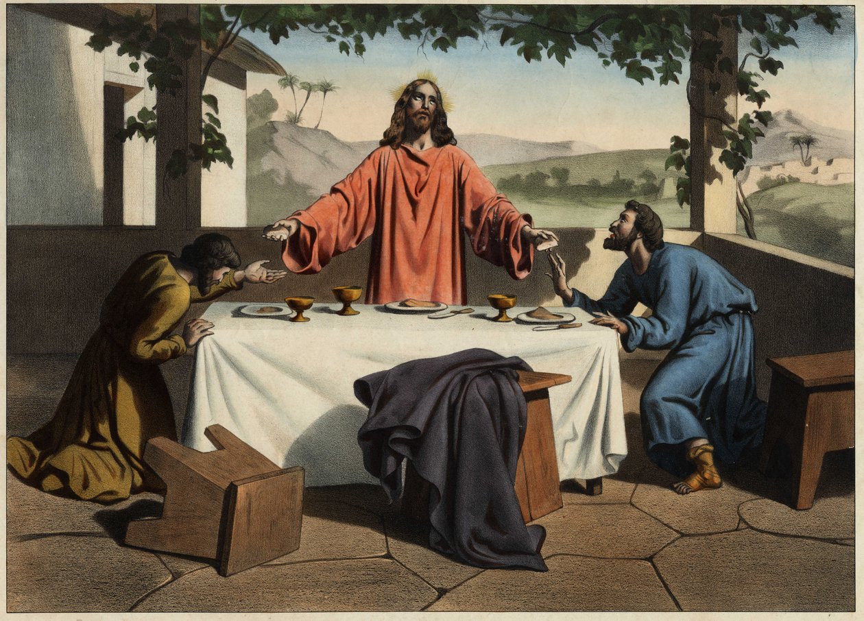 Uczniowie Emausa (Emausa) spotykają zmartwychwstałego Chrystusa w wieczór wielkanocny, który dzieli się chlebem. Anonimowy rycina z połowy XIX wieku. autorstwa Unknown artist