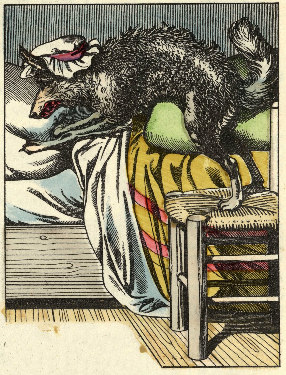 Przebrany wilk zajmuje miejsce babci w łóżku. Ilustracja do bajki „Czerwony Kapturek” Charlesa Perrault autorstwa Unknown artist