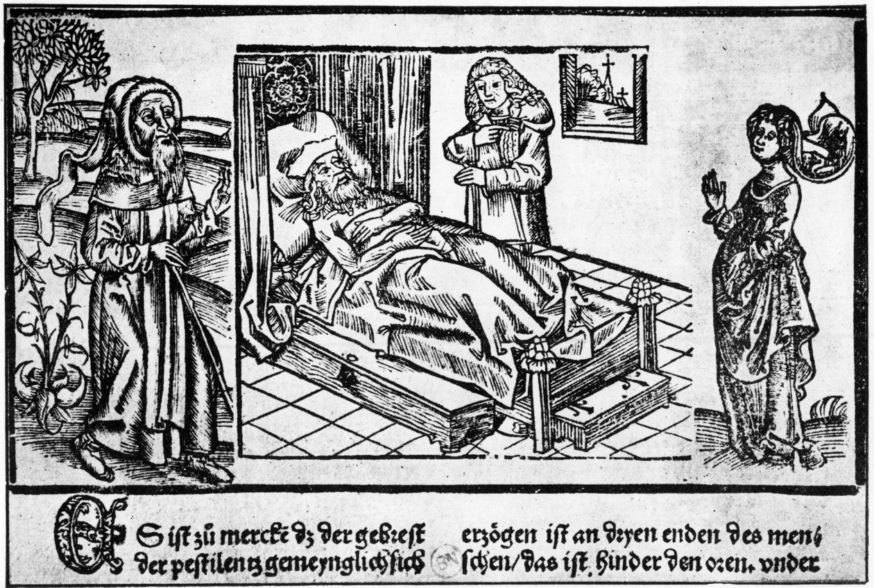 Lekarz w łóżku pestiferé, drzeworyt „Liber pestilentialis” Jérôme Brunschwiga, Strasburg autorstwa Unknown artist