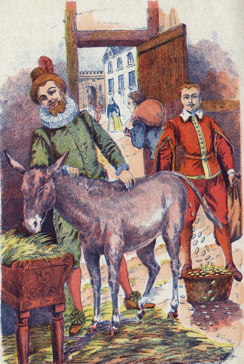 Osioł ze złotym ecu. Ilustracja do opowiadania „Skóra osła” autorstwa Charlesa Perraulta (1628-1703), francuskiego pisarza. Anonimowa ilustracja. Zdjęcia Marcel Vagne, Jarville Nancy, bez daty (koniec XIX wieku). autorstwa Unknown artist