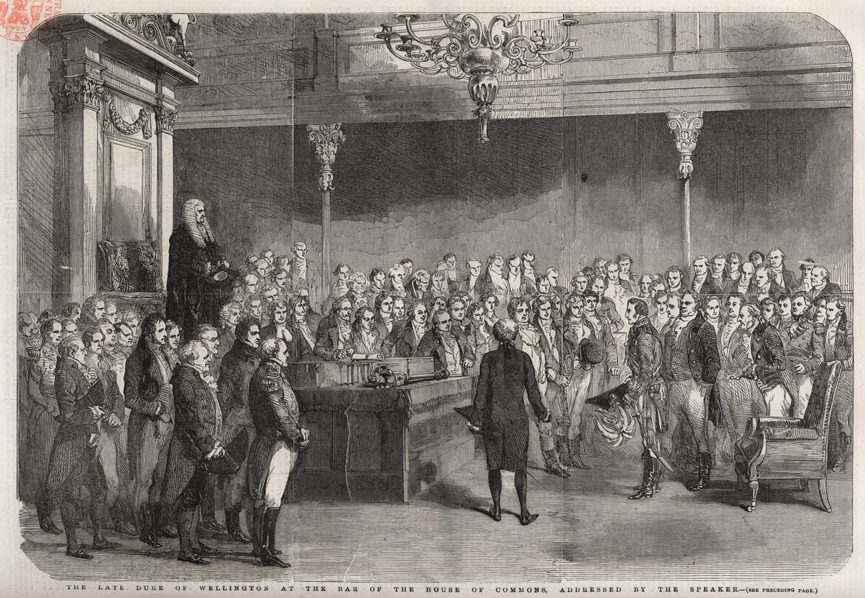 Książę Wellington (Arthur Wellesley (1769-1852) (Duke of Wellington) stoi przy Izbie Gmin, aby otrzymać gratulacje od przewodniczącego za zwycięstwo w Vimeiro, Wojna na Półwyspie autorstwa Unknown artist