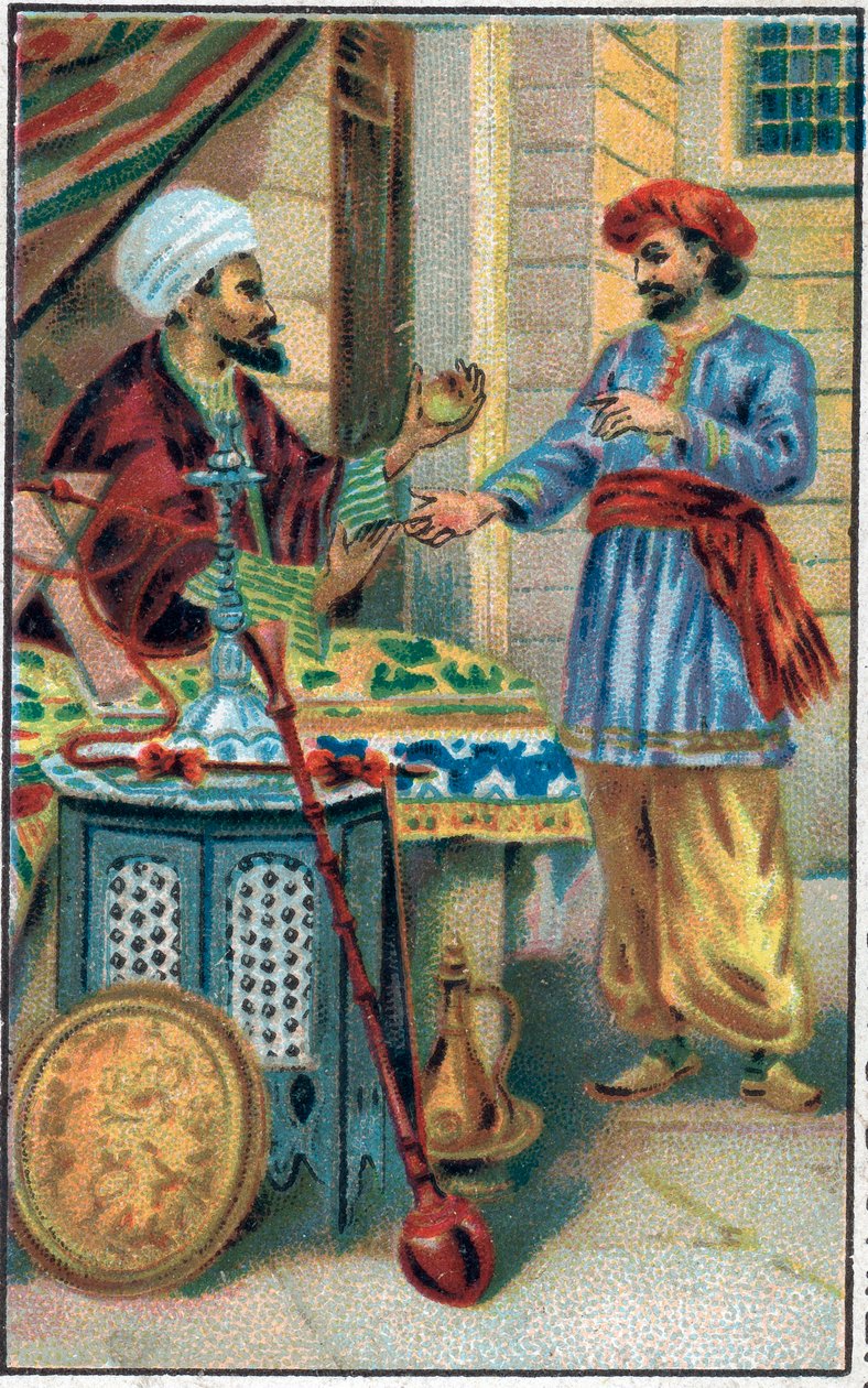 Zaczarowane jabłko. Historia księcia Ahmeda i opłaty Paris-Banou (Pari Banou) (Paribanu). Opowieść o 1001 nocy (bajki tysiąca i jednej nocy). Chromolitografia z końca XIX wieku. autorstwa Unknown artist