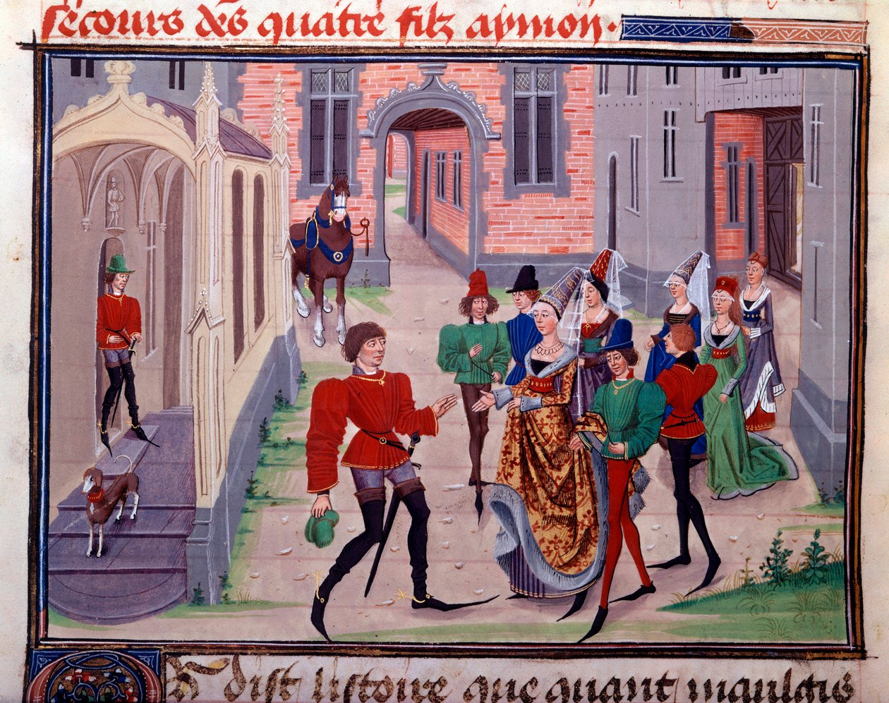 Zaręczyny Clarisse, córki króla Yvon de Gascony i Renauda Miniature z rękopisu „Renaud de Montauban” lub „Les quatre fils Aymon” Loyseta Liedeta (czynny w latach 1448-1478). Ms. 5073. XV-wieczna Bibliotheque de l