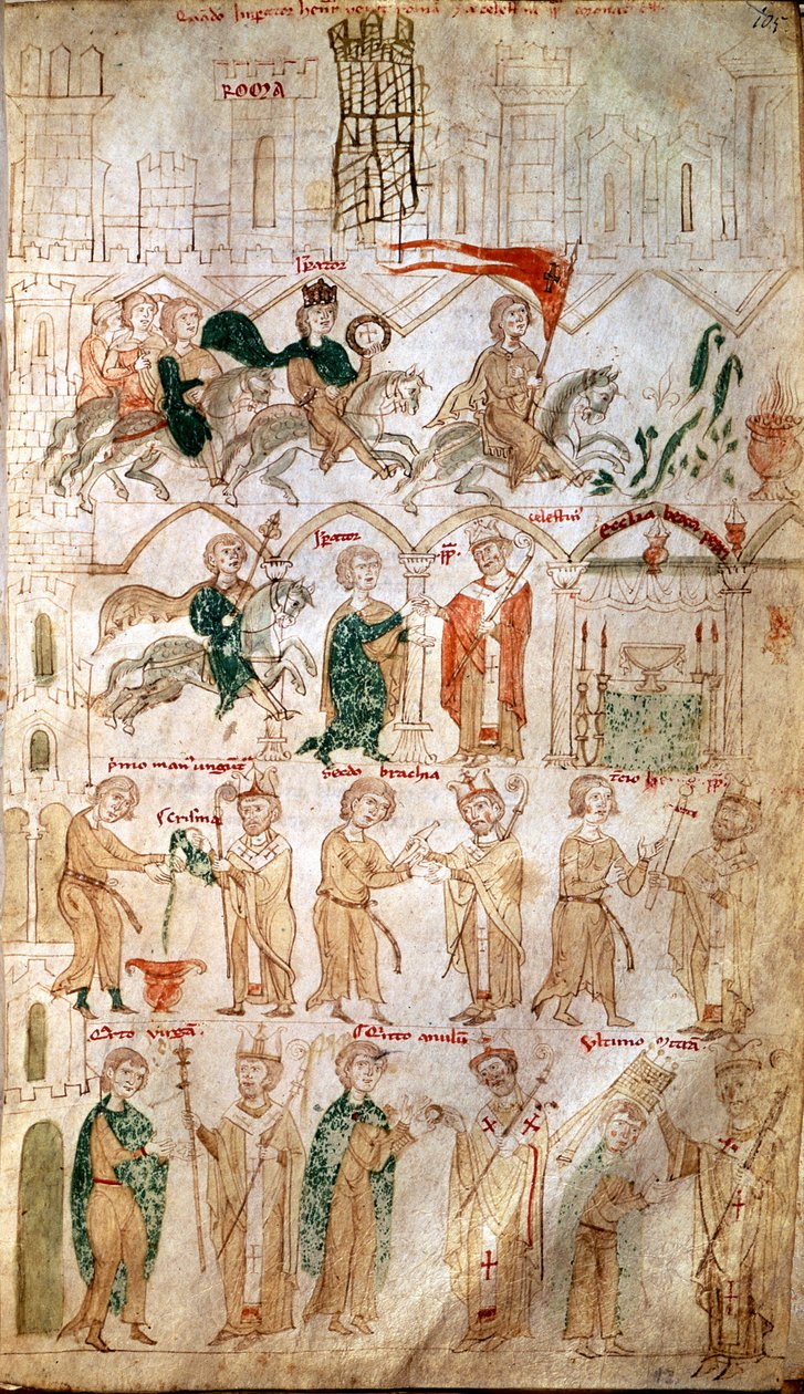Wjazd Henryka VI Świętego Cesarstwa (1165-1197) do Rzymu i jego koronacja na cesarza 14/04/1191 przez papieża Celestyna III Page zaczerpnięta z „”Liber ad honorem Augusti”” przez Pietro da Eboli (Piotra Eboli) - (kodeks 120, fol 105) XIII w. Burgerbibli autorstwa Unknown artist