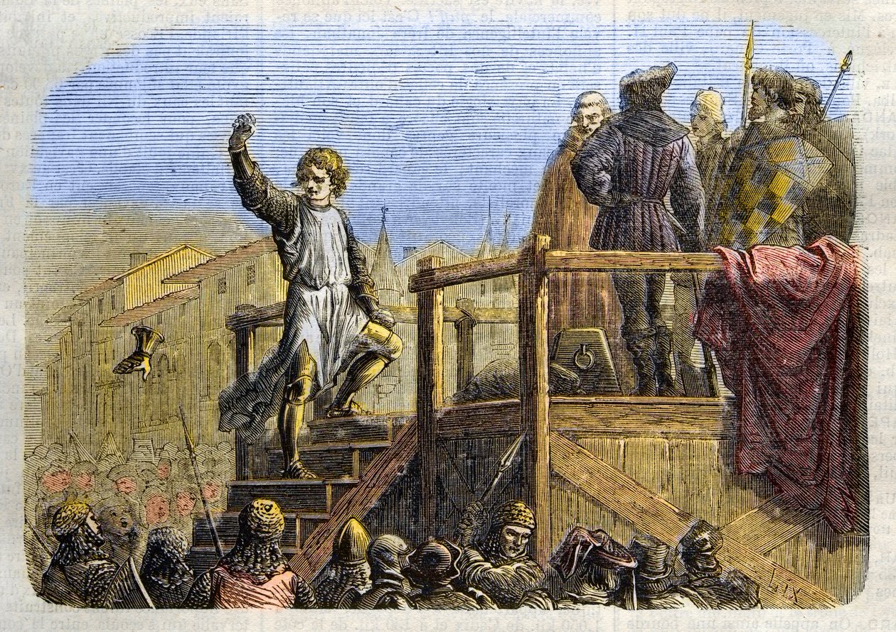 Egzekucja Konradana (lub Konrada Hohenstaufów), króla Sycylii i księcia Szwabii (1252-1268) z rozkazu Karola Anjou po bitwie pod Tagliacozzo w 1268 r.” Sycylii, po autorstwa Unknown artist