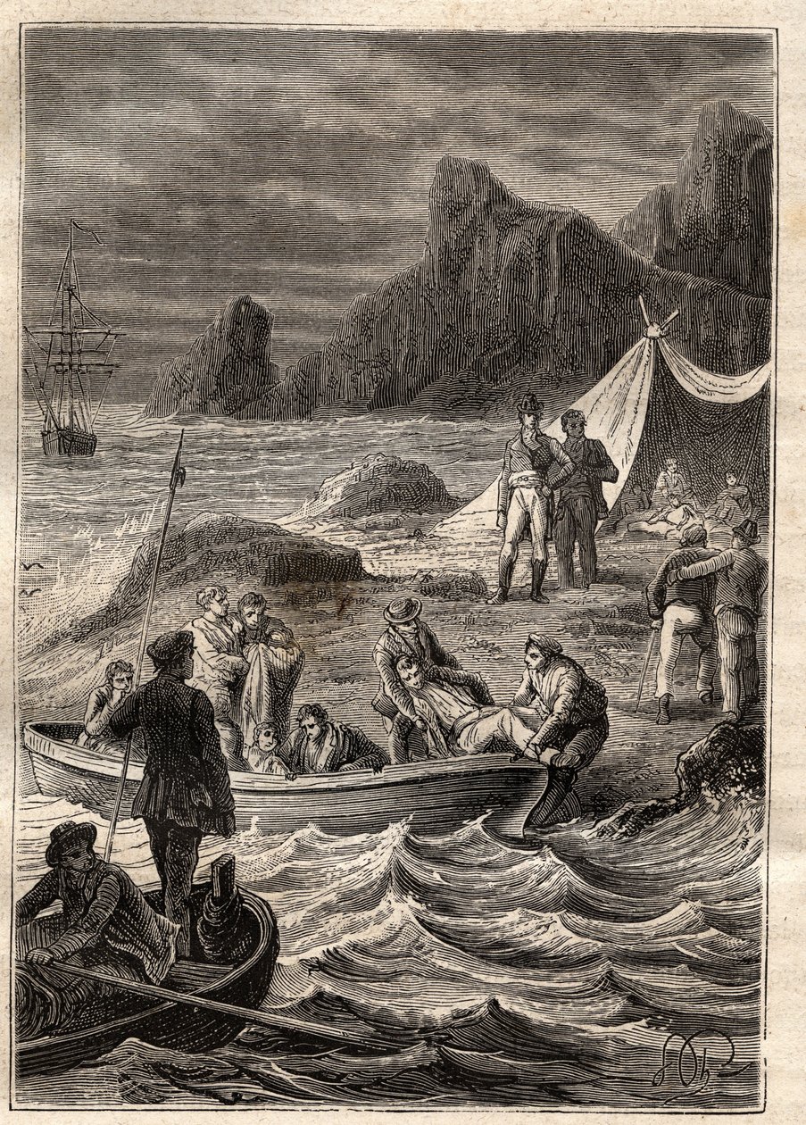 Wyprawa na ziemie południowe (1800-1803) Nicolasa Baudina (1754-1803): chorzy na szkorbut wywieziono na brzeg w Zatoce Przygód (Tasmania, Australia) - ilustracja zaczerpnięta z „Wielkich żeglarzy XVIII wieku” ” autorstwa Unknown artist