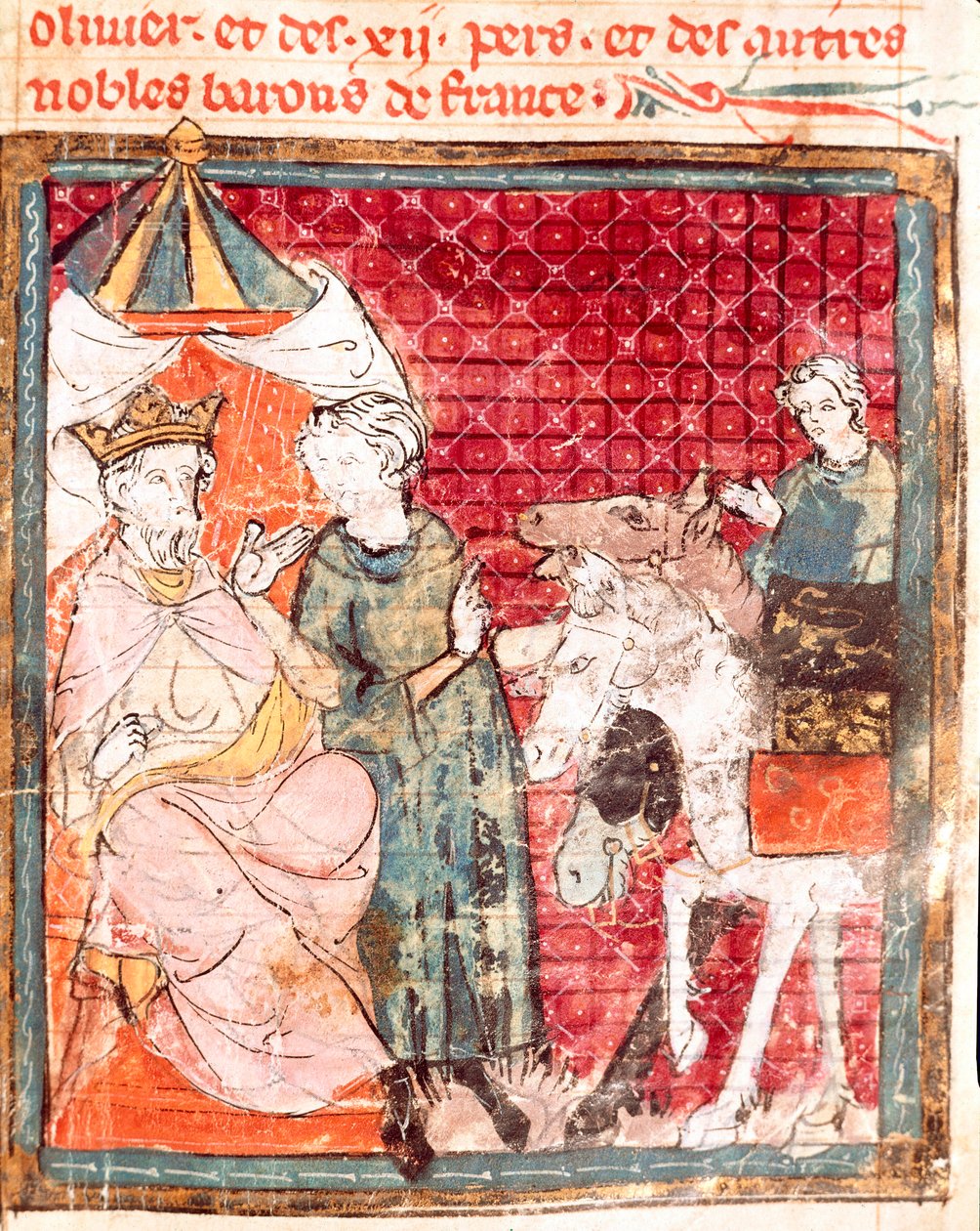 Pożegnanie rycerza Rolanda z jego wujkiem Karolem Wielkim (742-814) Miniatura z „Grandes Chronicles de France”” 1375-1379 Biblioteka Miejska, Castres autorstwa Unknown artist